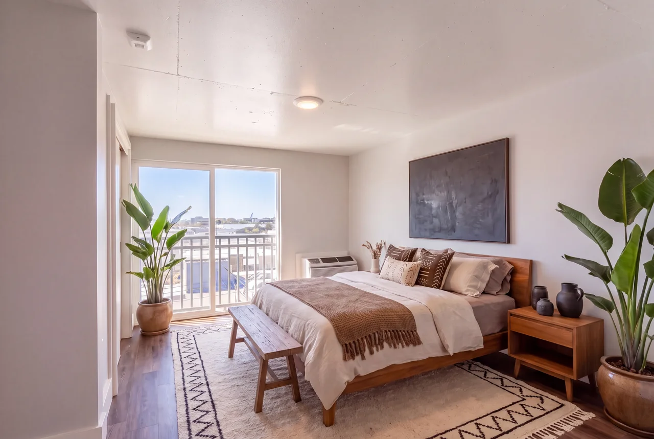 Sleeping area with large windows