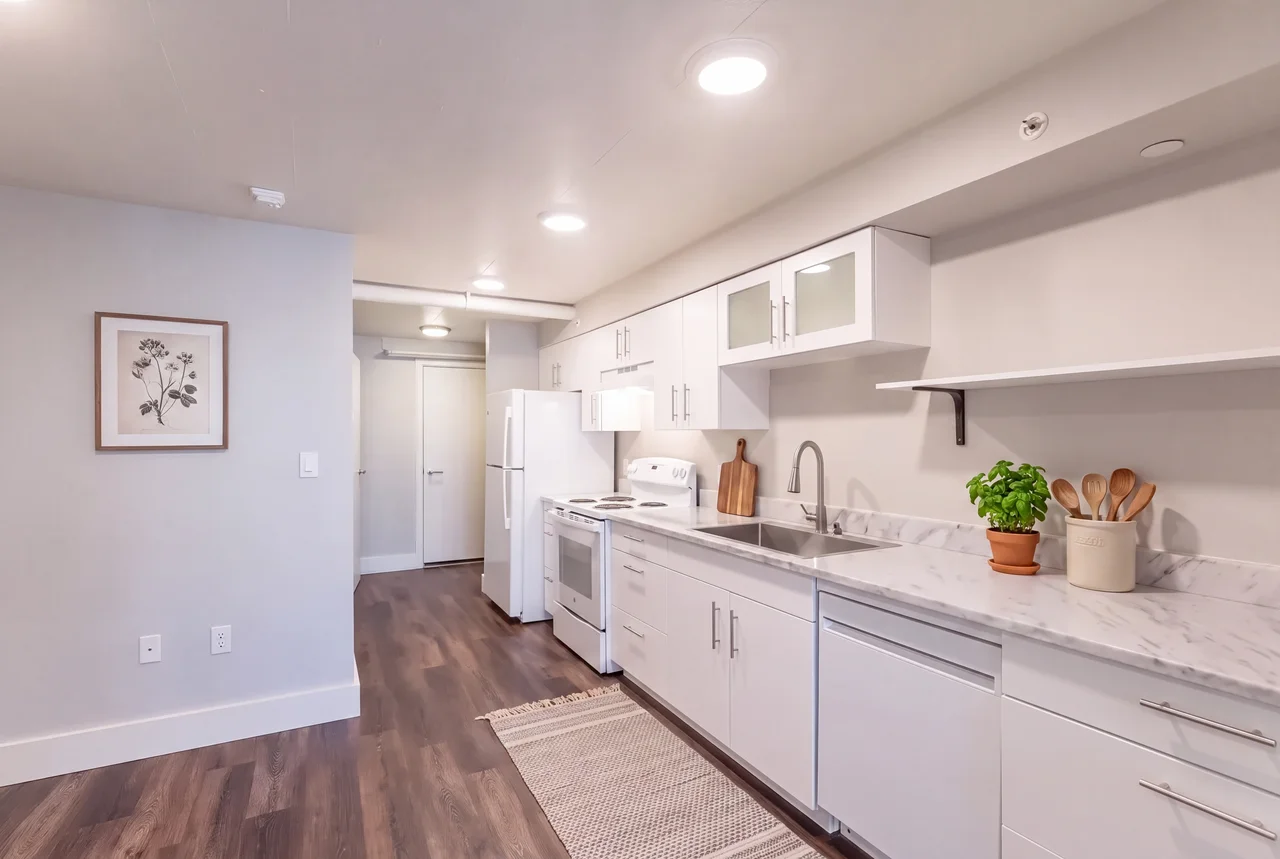 Full kitchen with stainless steel appliances
