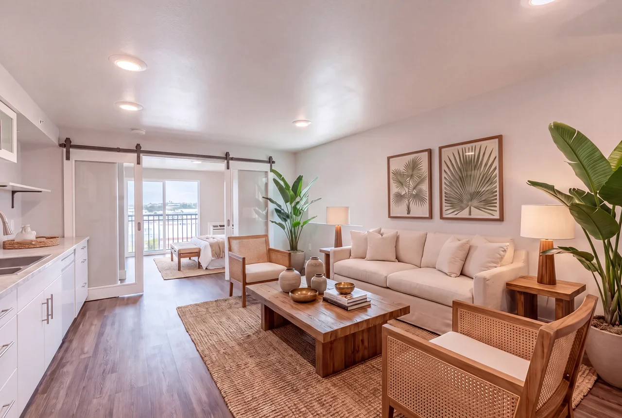 Open-plan living area of studio #427