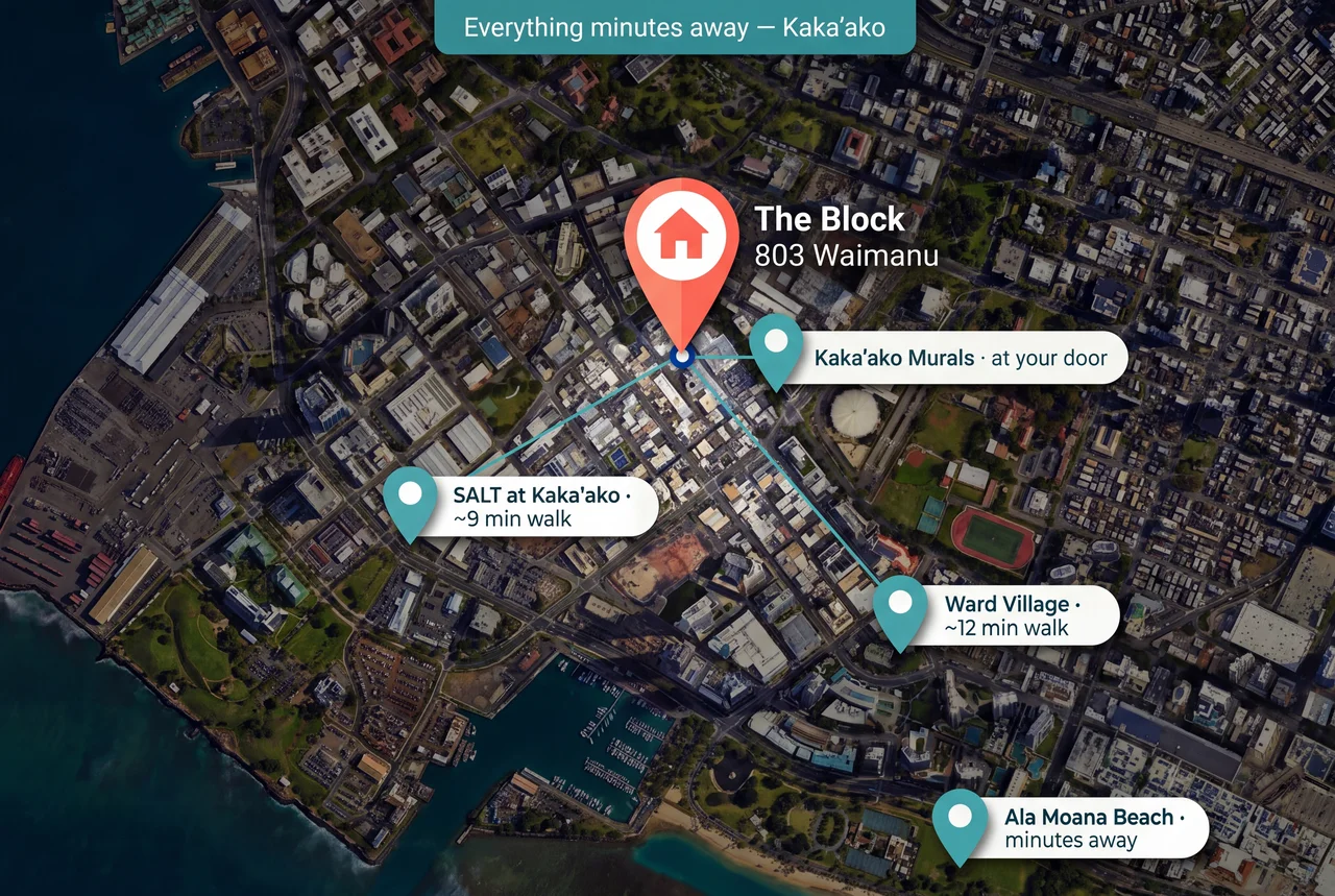 Map of Kaka'ako, Honolulu showing walking distances from The Block 803 Waimanu