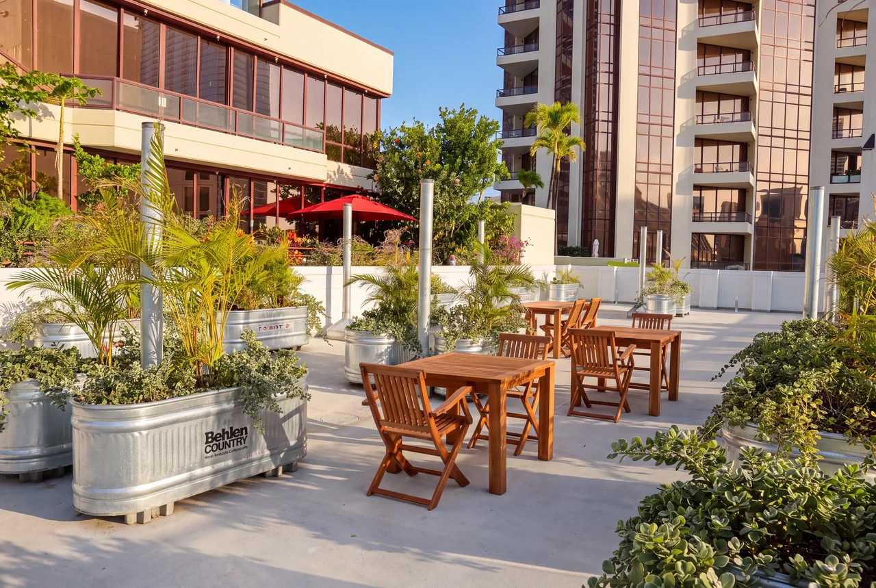 Rooftop deck with city and mountain views